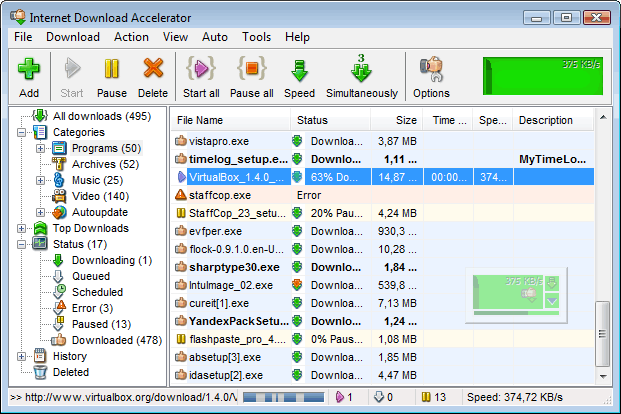 The Internet Download Accelerator window